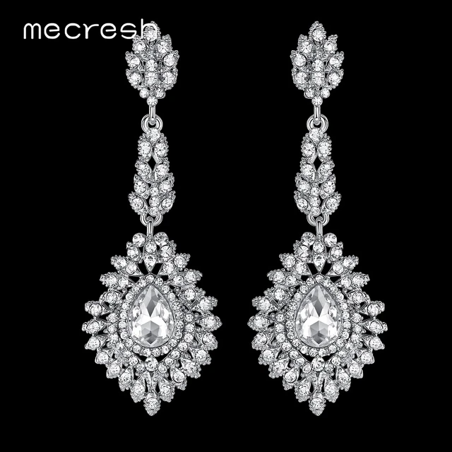 Mecresh Fashion Teardrop Wedding Earrings For Women Blue Silver Mecresh Fashion Teardrop Wedding Earrings For Women Blue Silver Black Color Crystal Bridal Long
