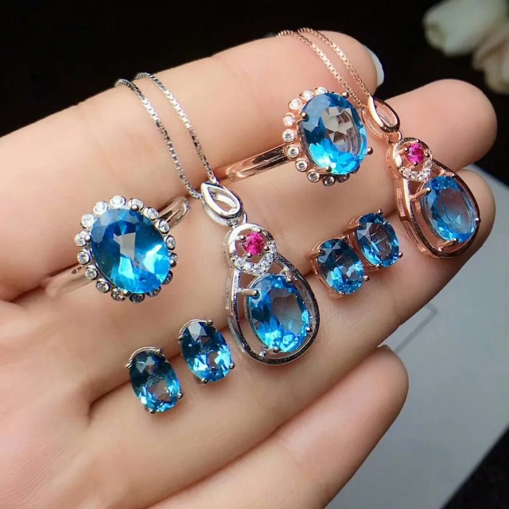 

shilovem 925 sterling silver Natural blue topaz Rings pendants earrings fine Jewelry open send necklace ctz07090507agb