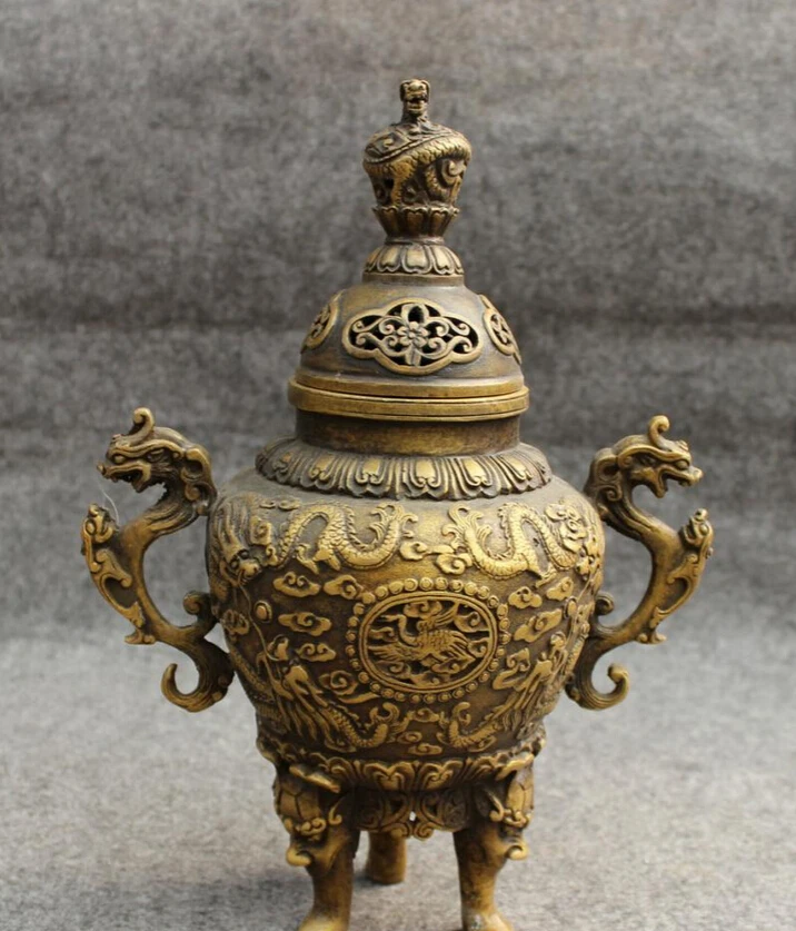 

USPS to USA S1441 10" Tibet Bronze Buddhist Dragon Phoenix Statue Unicorn Incense Burner Censer B0401
