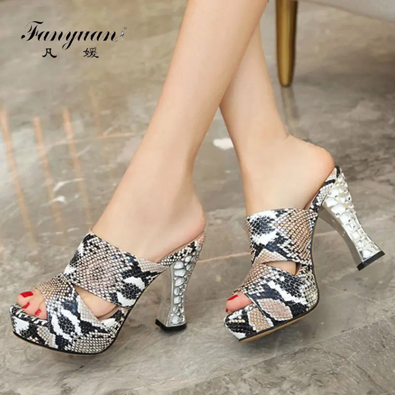 

fanyuan 12cm boa snake PU leather high heel platform slippers outside sexy peep toe shoes slides nightclub party heels