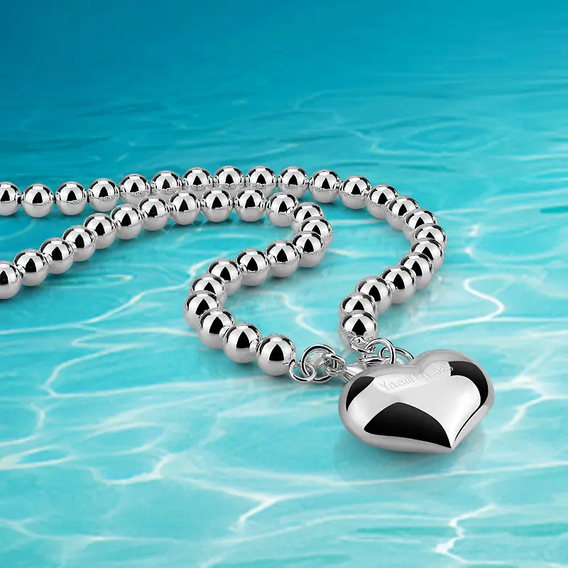 Beads Necklace Women Lady Silver Beads Chain Sterling Silver Beads Necklace For Women Heart Pendant