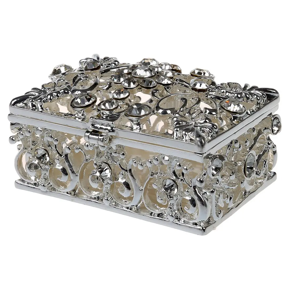 

Hot Small Rhinestone Embellished Hollow Jewelry Storage Gift Trinket Box Silver