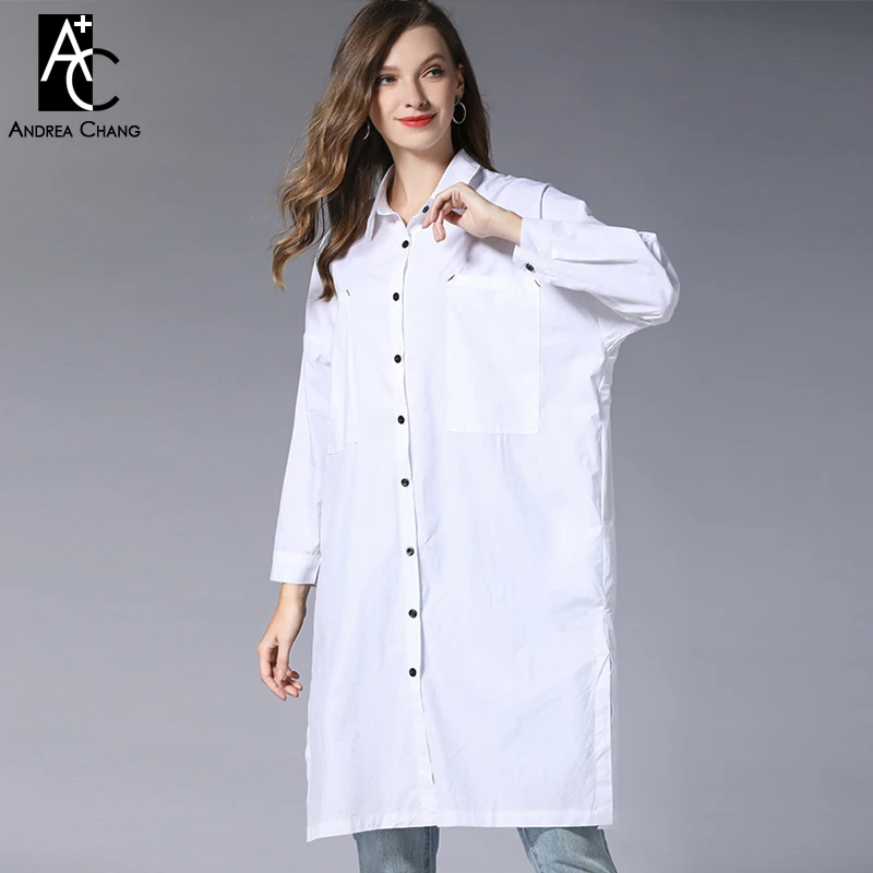 summer spring woman dress shirt black white knee length cotton shirt dress fashion casual office straight plus size shirt dress