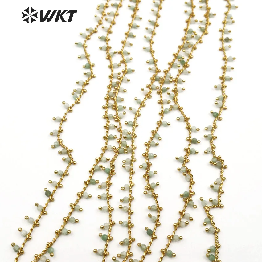 

WT-RBC084 WKT Light green 3mm round stone bead with gold metal plated wire wrapped wholesale bulk rosary chain