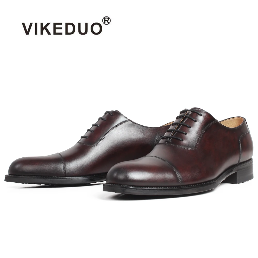

VIKEDUO 2019 New Spring Oxford Dress Shoes For Men Cow Skin Genuine Leather Shoes Male Brown Patina Wedding Office Mans Footwear