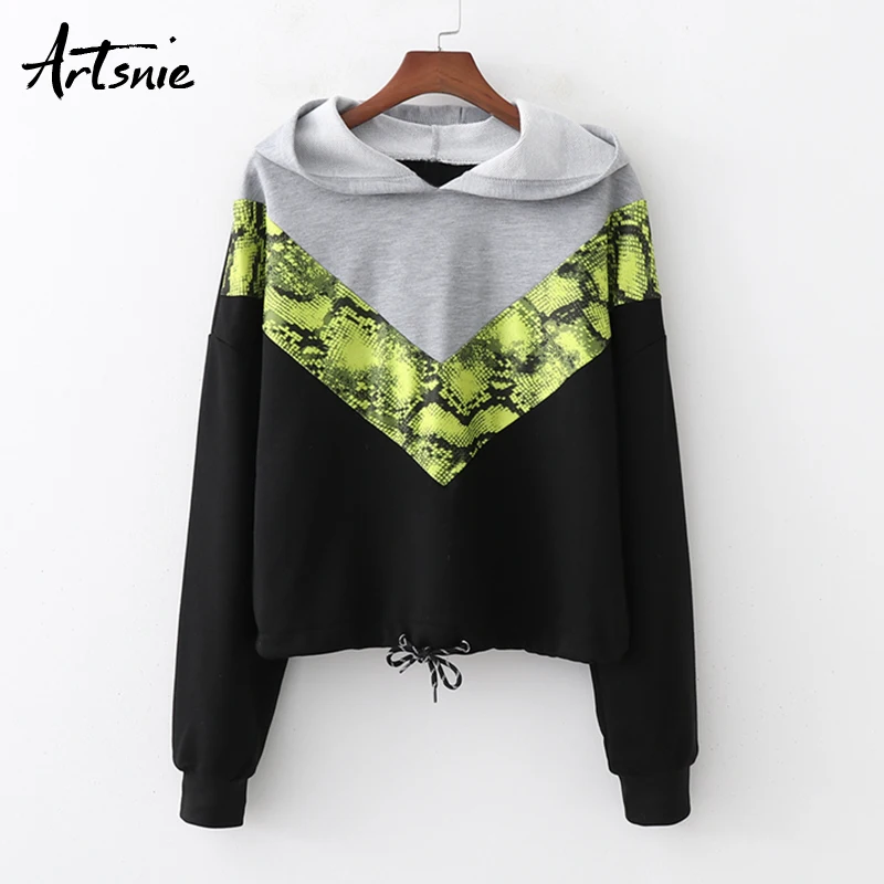  Artsnie Patchwork Casual Hooded Sweatshirt Women Spring 2019 Drop Shoulder Hoodies Pullovers Knitte