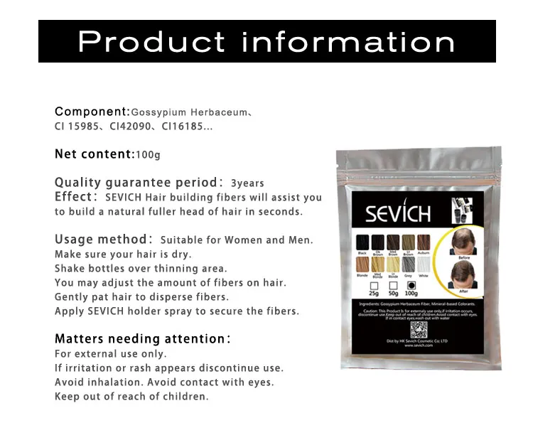 Sevich 100g Hair Building Fibers Hair Loss Concealer Thicken Powder Hair Care Product Growth Keratin Salon Hair Treatment