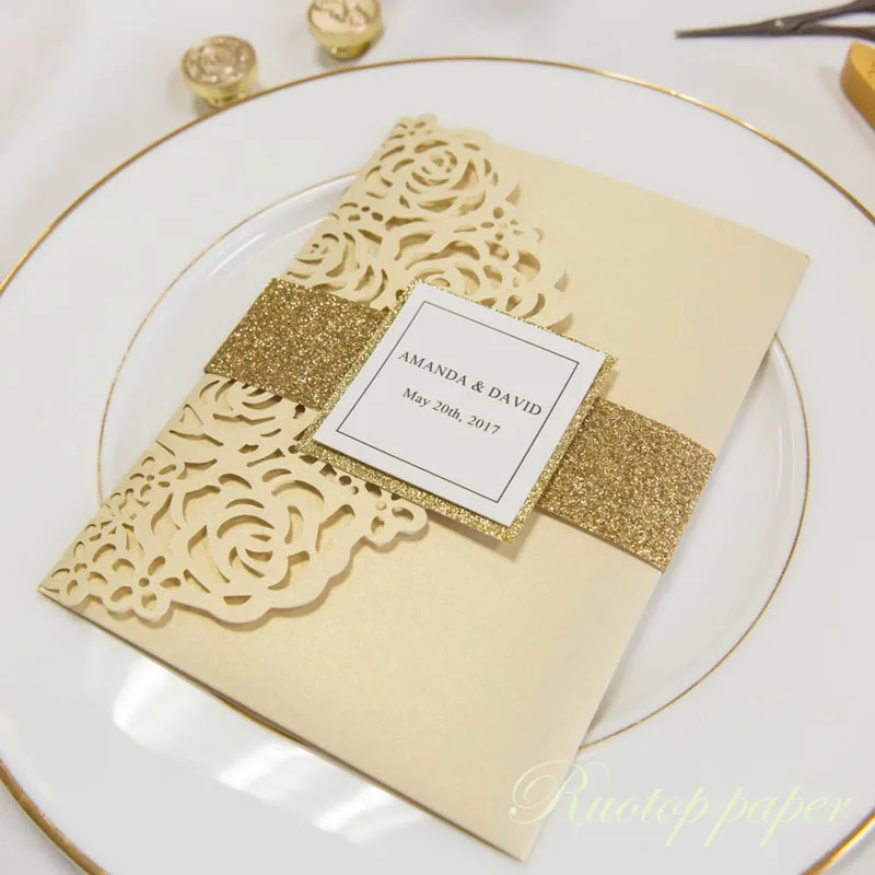 Современное желтое золото, элегантное, лазерная резка, полый Цветочный карман, свадебные приглашения для невесты, для свадебной вечеринки, поздравительные приглашения
