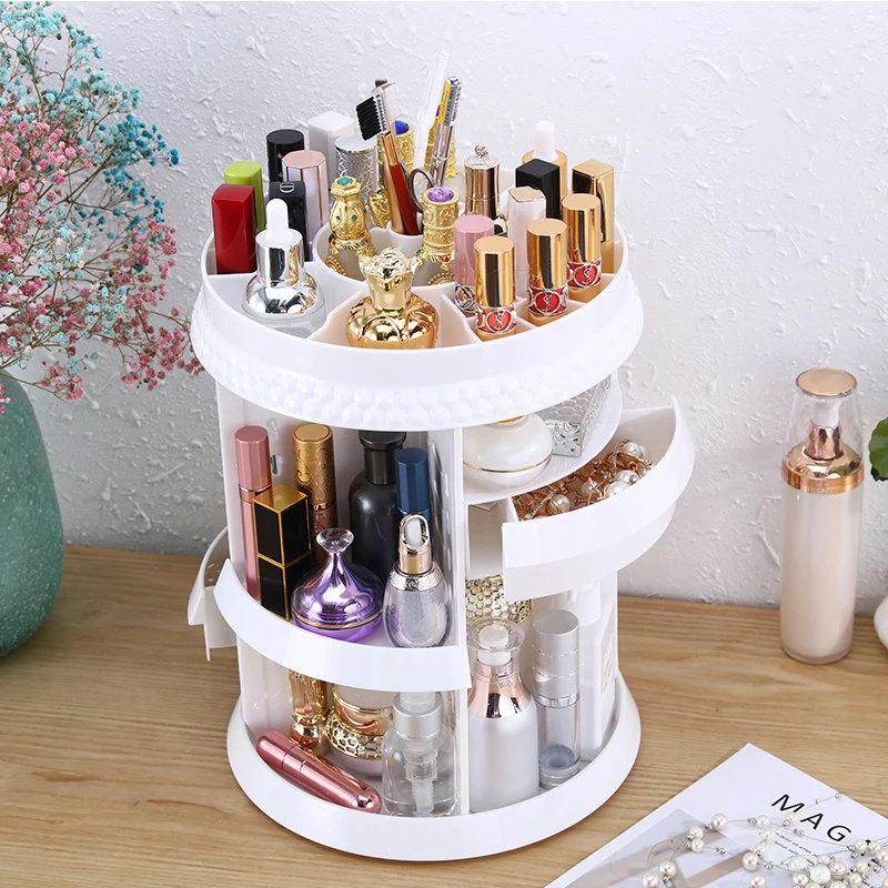 Round Rotating  Makeup Organizer Storage Box Adjustable Plastic Cosmetic Brushes Lipstick Holder Make Up Jewelry Container Stand