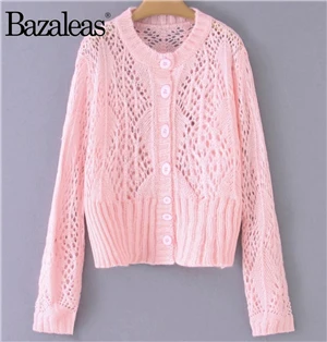 C54 pink 1316 Bazaleas Франция центральные значки Kintted Carfigans белый полый женский свитер harajuku Винтаж Женское пальто повседневная Прямая - Цвет: C54 pink 1316