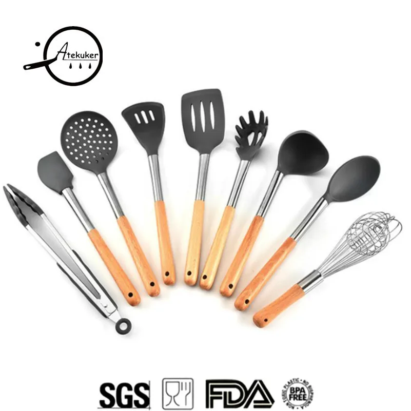 

Atekuker 9Pcs Silicone Kitchen Utensils Wood Handle Kitchenware Cooking Tools Set Spatula Ladle Scraper Spoon Egg Beater Tools
