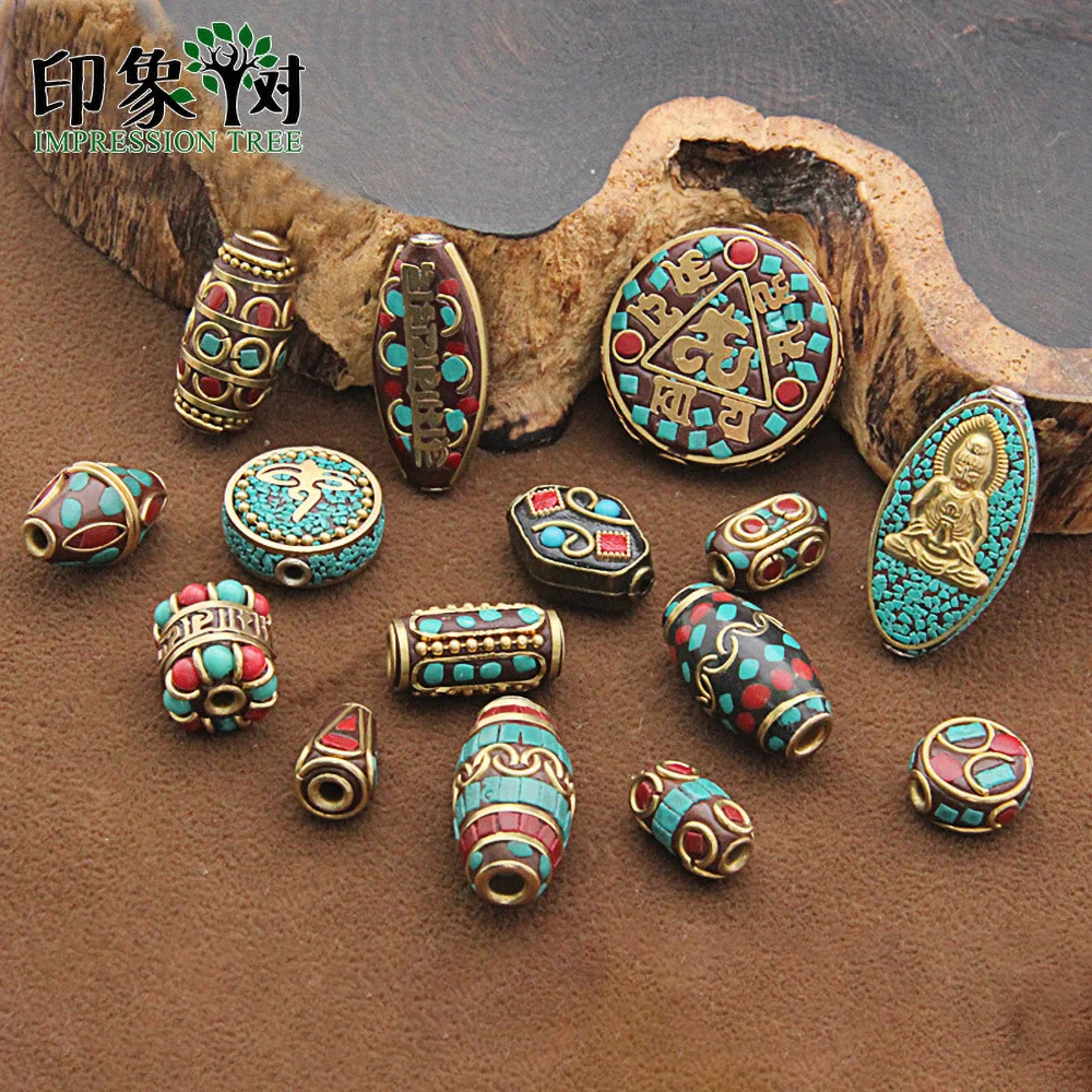 Nepalese Beads Tibetan Beads Nepal Beads Turquoise Beads Tibet beads B219 Brass Coral beads Handmade Beads 4 beads
