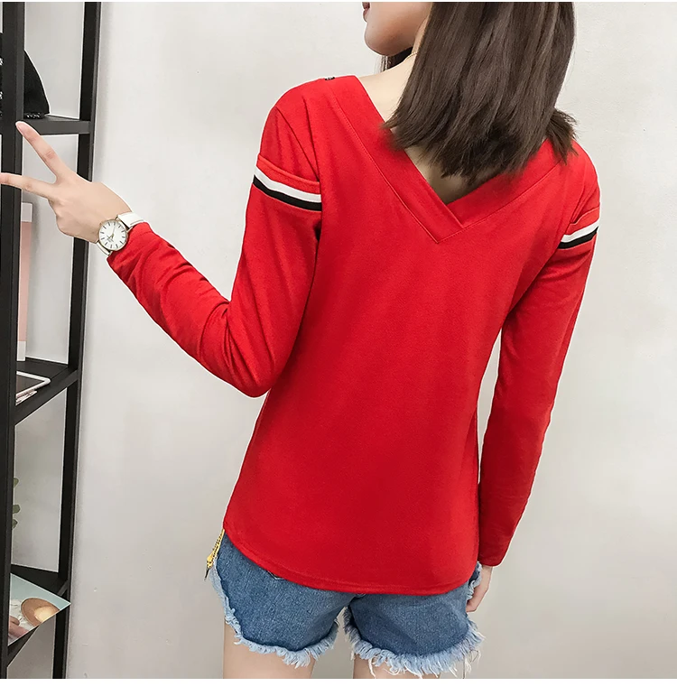 Женская футболка в Корейском стиле размера плюс, женская футболка Vogue с v-образным вырезом, свободный длинный рукав, женские топы, Повседневная футболка для женщин