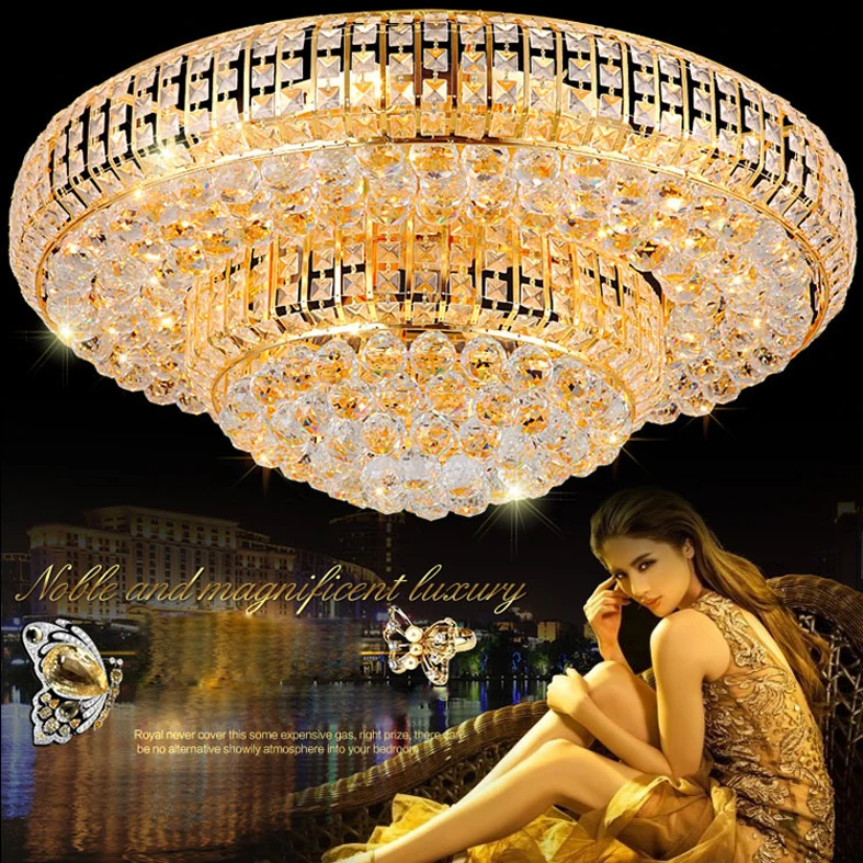 

LED Modern Crystal Ceiling Light Gold Round Ceiling Lamp Golden Crystal Ceiling Lights Fixture Hotel Lobby Home Indoor Lighting