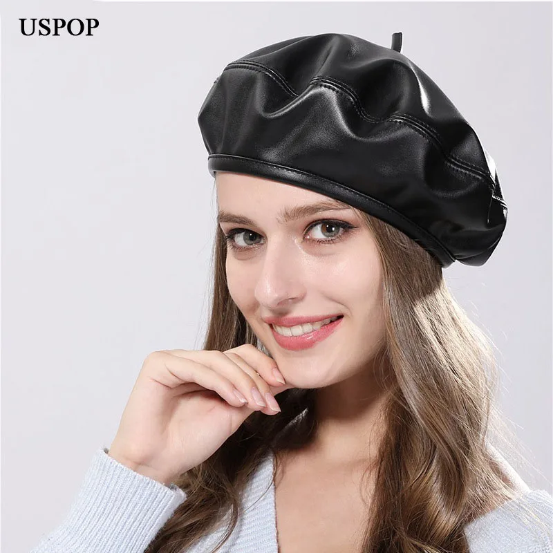 

USPOP 2019 Autumn New Fashion women beret female PU leather beret hat women men casual solid color beret octagonal hat