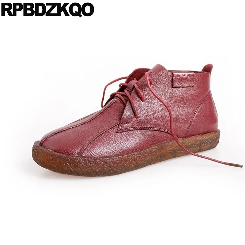 

High Top Round Toe Red Wine Designer 2018 Ethnic Vintage Women Oxfords Shoes Brown Ladies Flats Lace Up Genuine Leather Handmade
