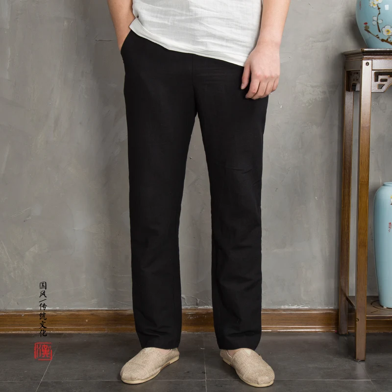  2018 Summer Loose Mens Trousers Pure Color Cotton and Linen Pants Men Cool Breathable Drawstring Pa
