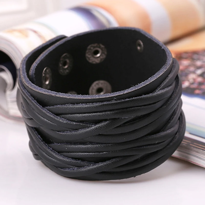 

Handmade Boho Gypsy Hippie Punk Black Brown Real Cow Leather Braid Macrame Big Unisex Adjustable Unisex Wide Bracelet Bnagle