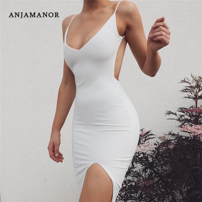 

ANJAMANOR Sexy Deep V Neck Backless Slit Mini Bodycon Dress Women Summer Night Club Party Dresses Vestidos Sexi D53-AZ95