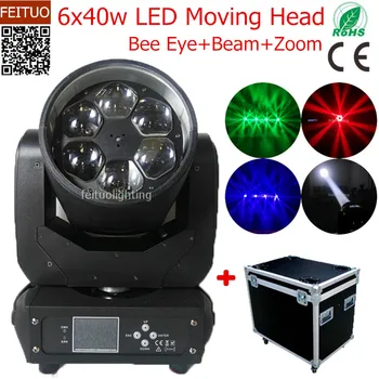 

2pcs with flight case Bee Eye Moving Head 6x40w Beam Moving Head Zoom Wash Light RGBW Rotation Stage Lighting for Disco Show