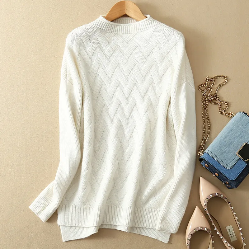 

2019 autumn and winter new cashmere sweater women's sweater round neck slits Slim pullover