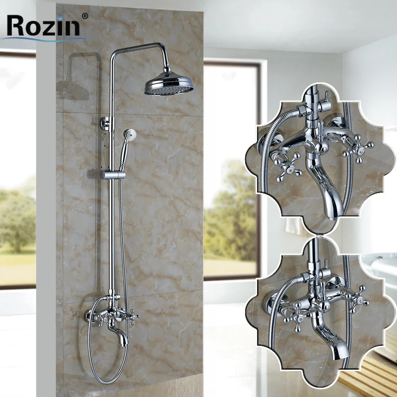 

Chrome 8" Rainfall Shower Mixer Faucet with Sliding Bar Dual Cross Handles Bath Shower Faucet Set Hot and Cold Water Mixer Taps