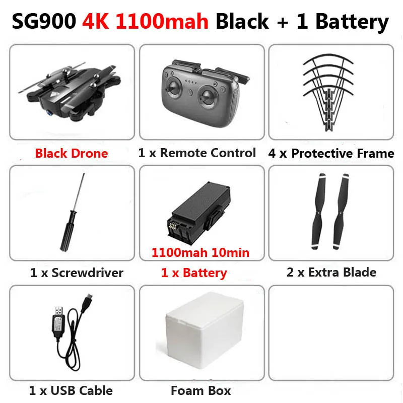 SG900 Профессиональный WiFi FPV Дрон 720P 4K HD Двойная камера оптическая воздушная видео RC Квадрокоптер самолет Квадрокоптер игрушки X192 - Цвет: 4K 1100 Black 1 Foam