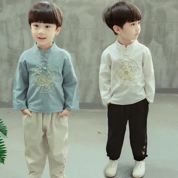 

Chinese Traditional Costumes 2PCs Wushu Uniform Children Set For Boys Long Sleeve Solid Cotton Hanfu Tang Suit For Kids SL1091