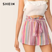 SHEIN Разноцветные полосатые шорты с поясом и карманами, шорты с высокой талией, женские повседневные шорты в стиле бохо