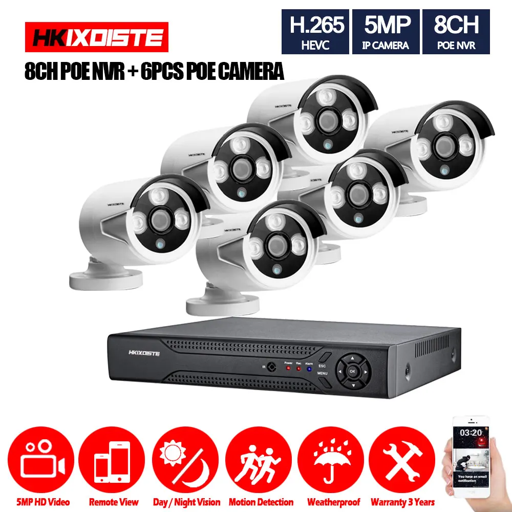 8CH POE сети NVR CCTV Системы комплект Поддержка 16*5 Мп IP Камера P2P ИК IP67 открытый погодостойкий для охранного видеонаблюдения набор - Цвет: 8CH NVR. 6 Cameras