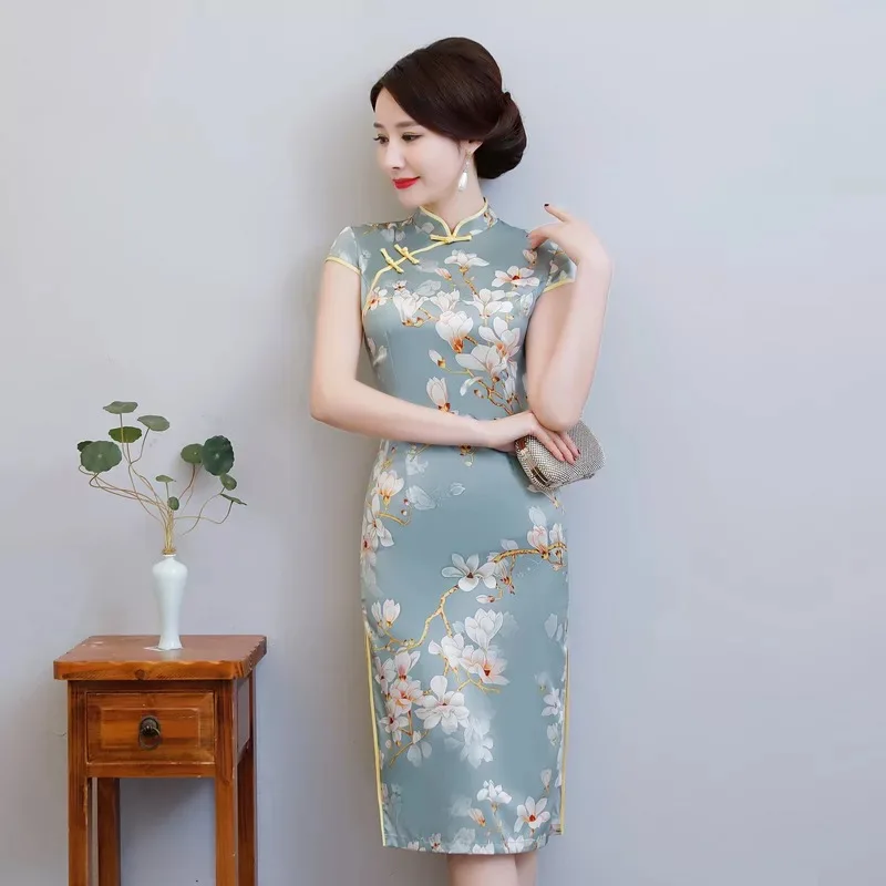 Новинка платье миди Cheongsam Qipao сезон: весна–лето платье Для женщин Элегантный принт женское платье модельные вечерние традиционное китайское платье Vestidos