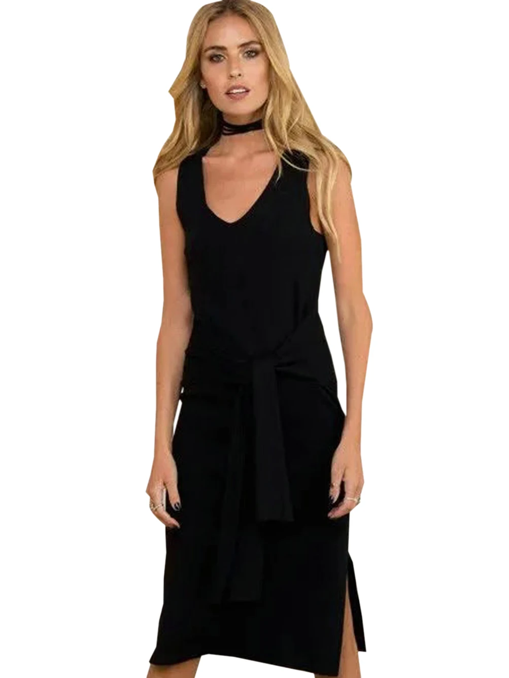 Knee Length Dress Solid V Neck Empire Sashes Casual Black Dresses