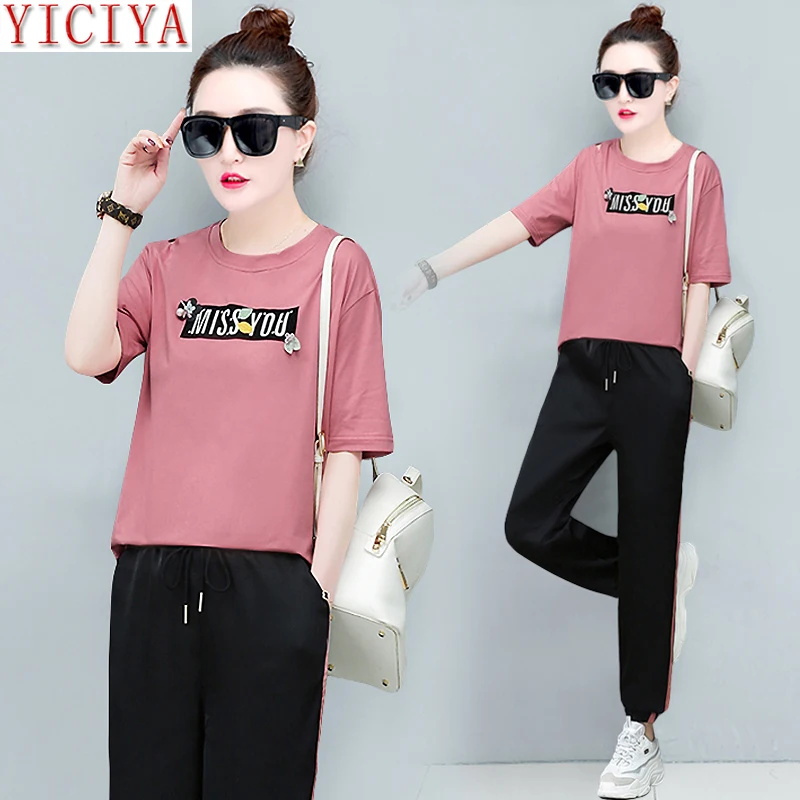 

2020 Summer Women 2 Piece Set Pants and Top Plus Size Outfit Tracksuit Sportswear Co-ord Set Loose Letter White Purple Clothing