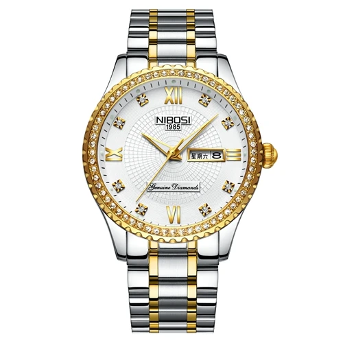 NIBOSI, пара часов для женщин и мужчин, Роскошные Кварцевые наручные часы с кристаллами, часы для влюбленных, часы с датой недели, золотые, синие, Montre Femme, Relogio Feminino - Цвет: Men Watch 3