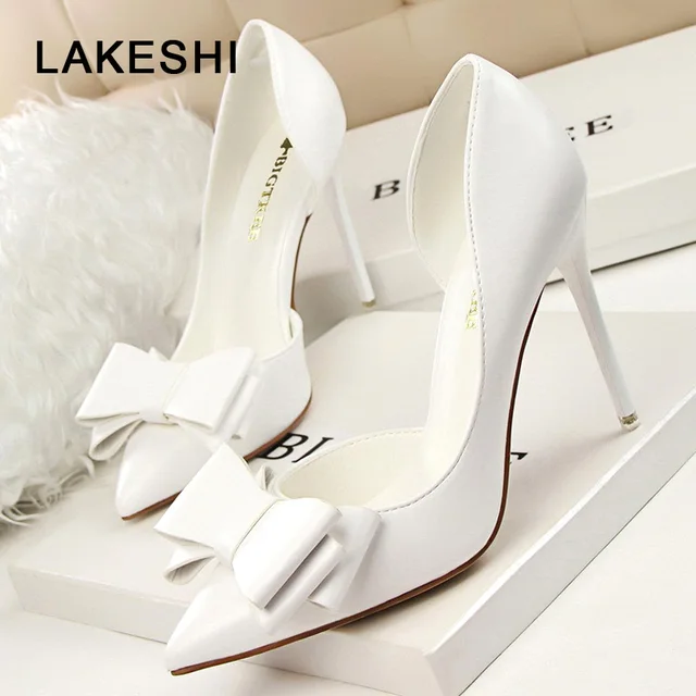 LAKESHI Fashion Women Pumps Sexy High Heels Wedding Shoes Pointed Toe Stiletto Bow Shoes Female 2018 Women Heel Shoes White