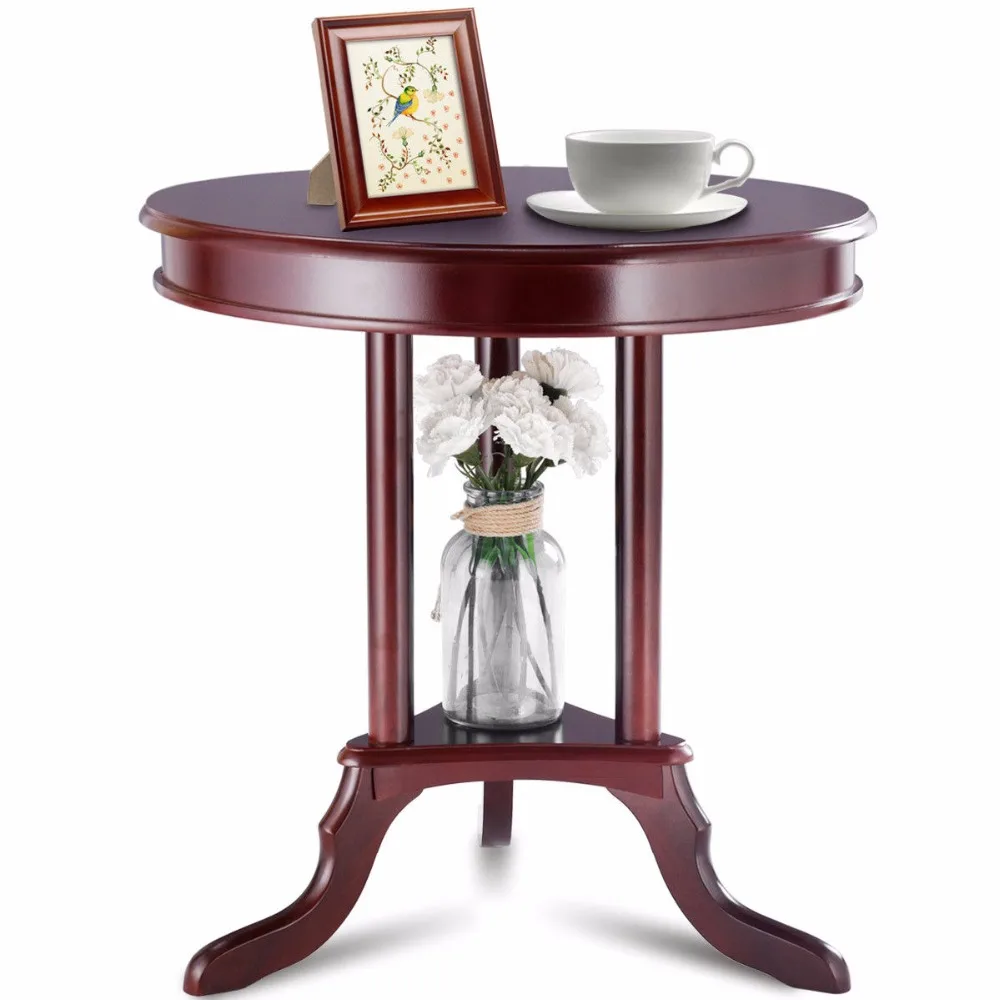 Giantex Round End Table Side Table Home Furnishing Accent Table Shelf Mahogany Living Room Furniture HW57874