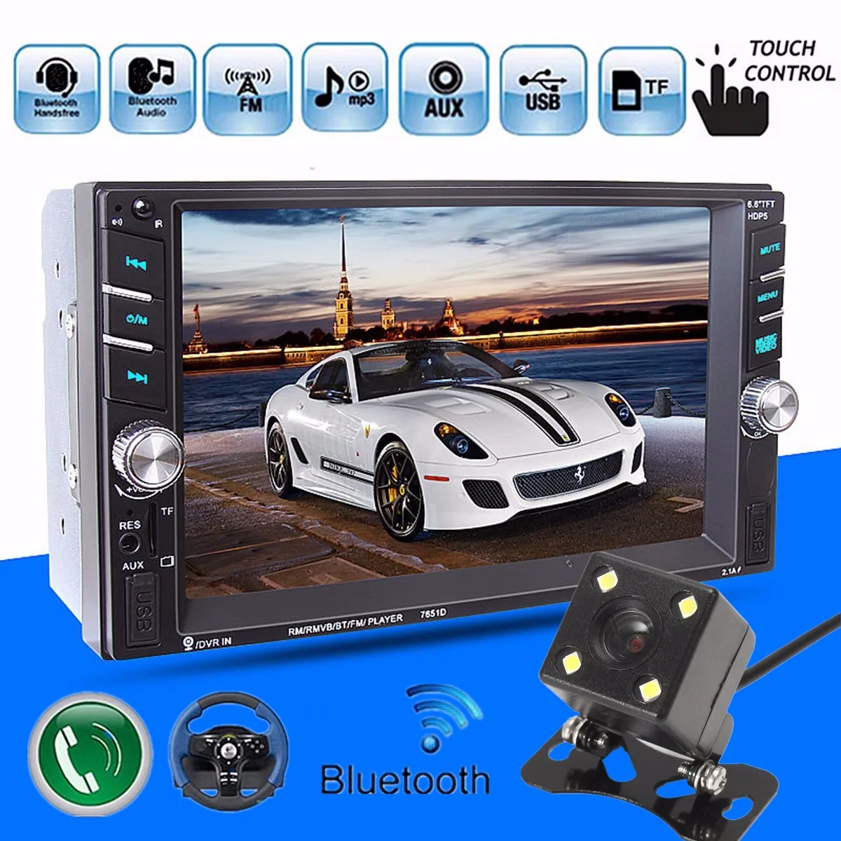 

2 din Car Radio 6.6" HD Player MP5 Touch Screen Digital Display Bluetooth Multimedia USB 2din Autoradio Car Backup Monitor