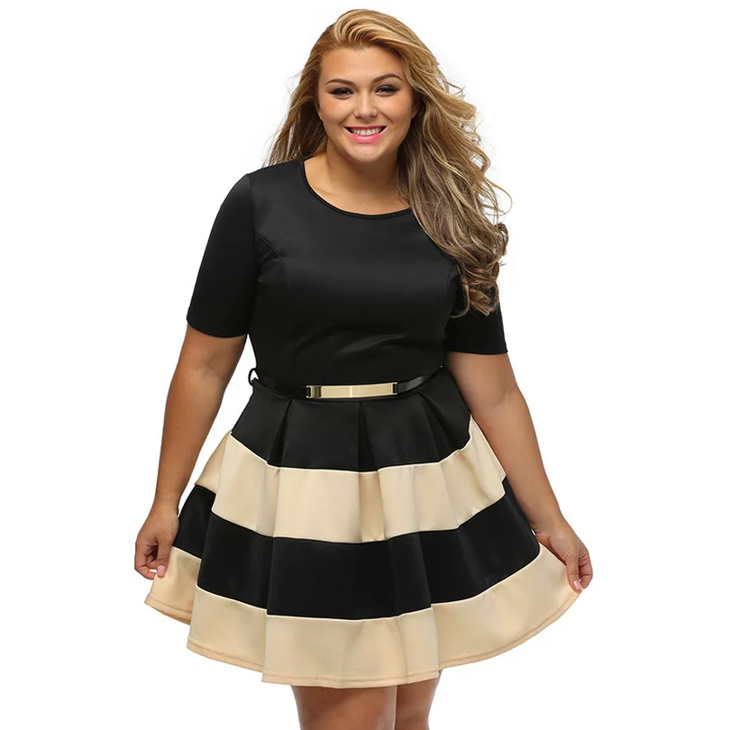 

Big Girl 3XL Casual Autumn Short Sleeve Apricot Stripes Detail Belted Plus Size Skater Dress Vestido de Festa