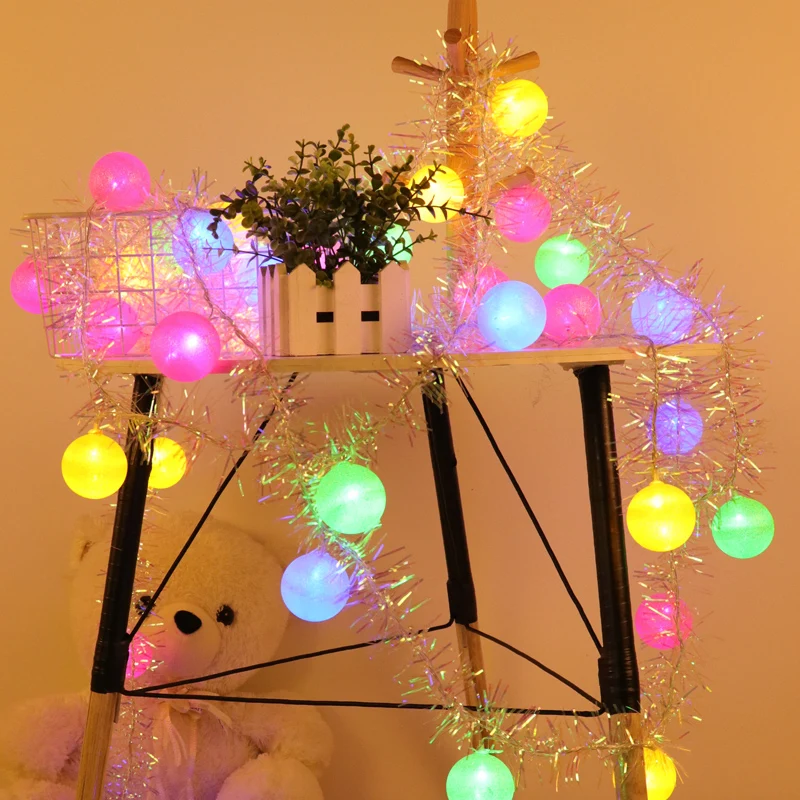 

30 Led Macaron Ball With Silver Ribbons Tinsel Battery String Lights 6m LED Decoration noel For Christmas Garland On The Window