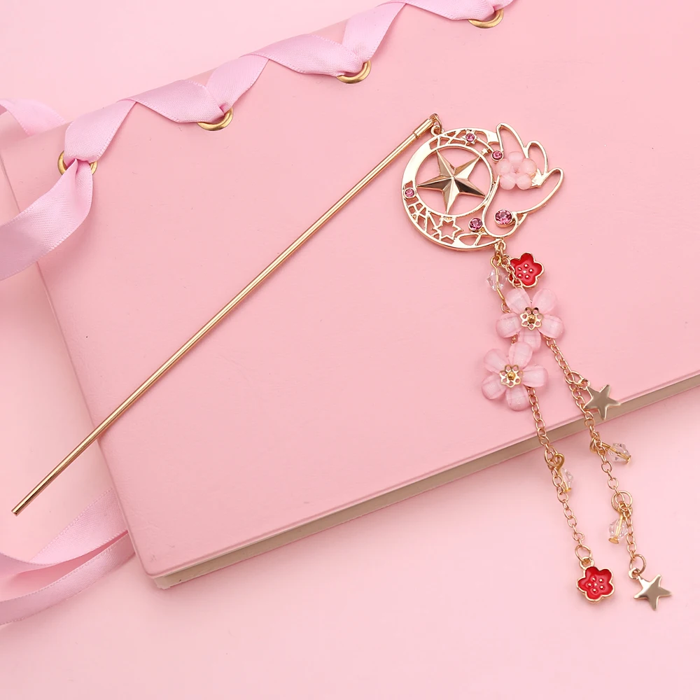 

Anime Card Captor Cardcaptor Sakura Kanzashi Hairpin Beautiful Flower Tassel Wings Stars Charms Jewelry Palillos del pelo