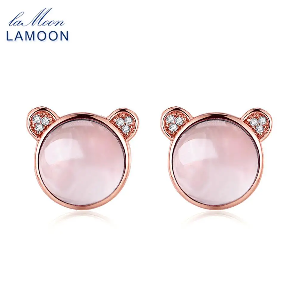 Ламон прекрасный медведь натуральный драгоценный камень розовый кварц 925 пробы-серебро-ювелирные изделия серьги-гвоздики S925 LMEI042