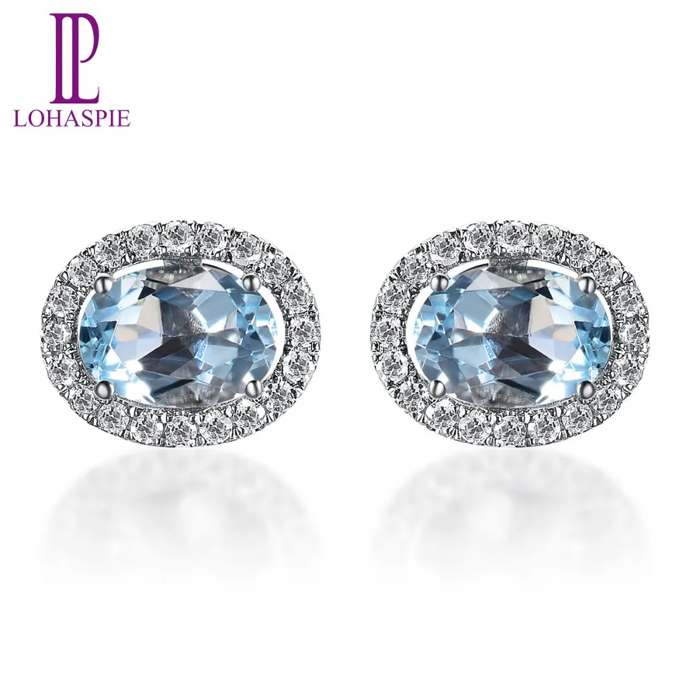 

Lohaspie 1.45ct Natural Gemstone Aquamarine and Diamonds Solid 18k 750 White Gold Stud Earrings For Mother's Gift