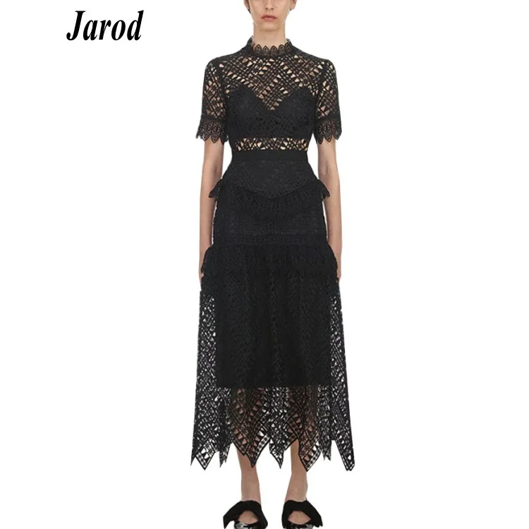 

Self-Portrait Women Dress 2019 New arrive Women's black Ruffles Lace short Sleeve Dress Sexy hollow out Long Dress vestidos