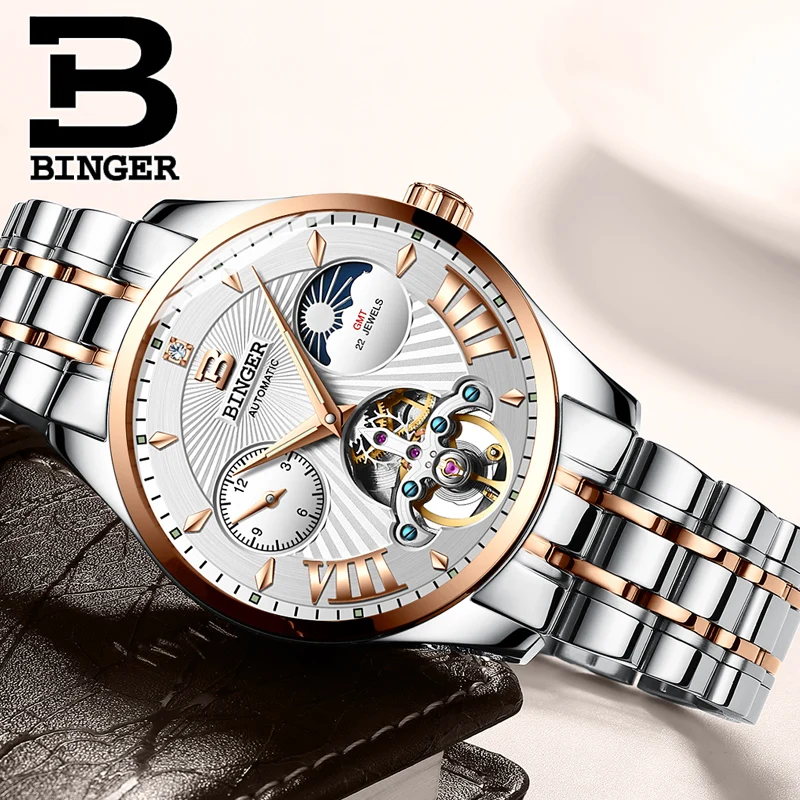 Часы со скелетом Switzerland BINGER Tourbillon мужские часы с сапфировым покрытием