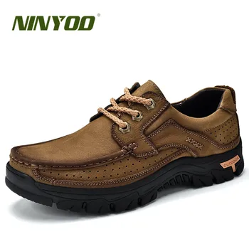 

NINYOO Brand Outdoor Shoes Men Genuine Leather Platform Lace Up Travel Wearproof Breathable Rubber Autumn Footwear Farther Gift