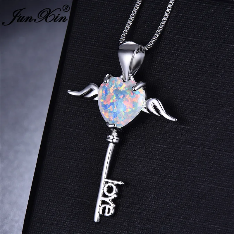 Бохо женский Ангел сердце Подвески ожерелье s 925 серебряное крыло ключ ожерелье белый синий огонь опаловые ожерелья для женщин
