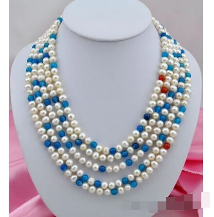 

100"6mm round blue red agate white pearl necklace^^^@^Noble style Natural Fine jewe FREE SHIPPING