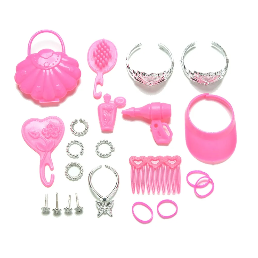 45 шт./компл. для Барби ювелирные изделия для кукол ожерелье серьги вешалка для одежды зеркало гребень сумка с короной обувь