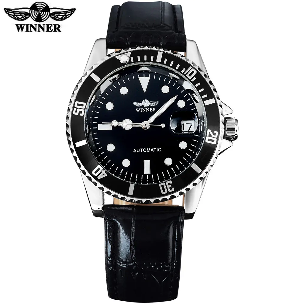 WINNER popular brand men luxury automatic self wind watches creative case black dial male leather band Relogio masculino