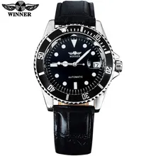 2016 GAGNANT populaire marque hommes de luxe automatique auto vent montres creative cas noir cadran transparent en verre en cuir bande